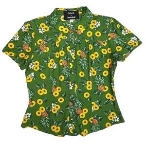 Collectif x ModCloth Pineapple Print Button Blouse Green Retro Size M